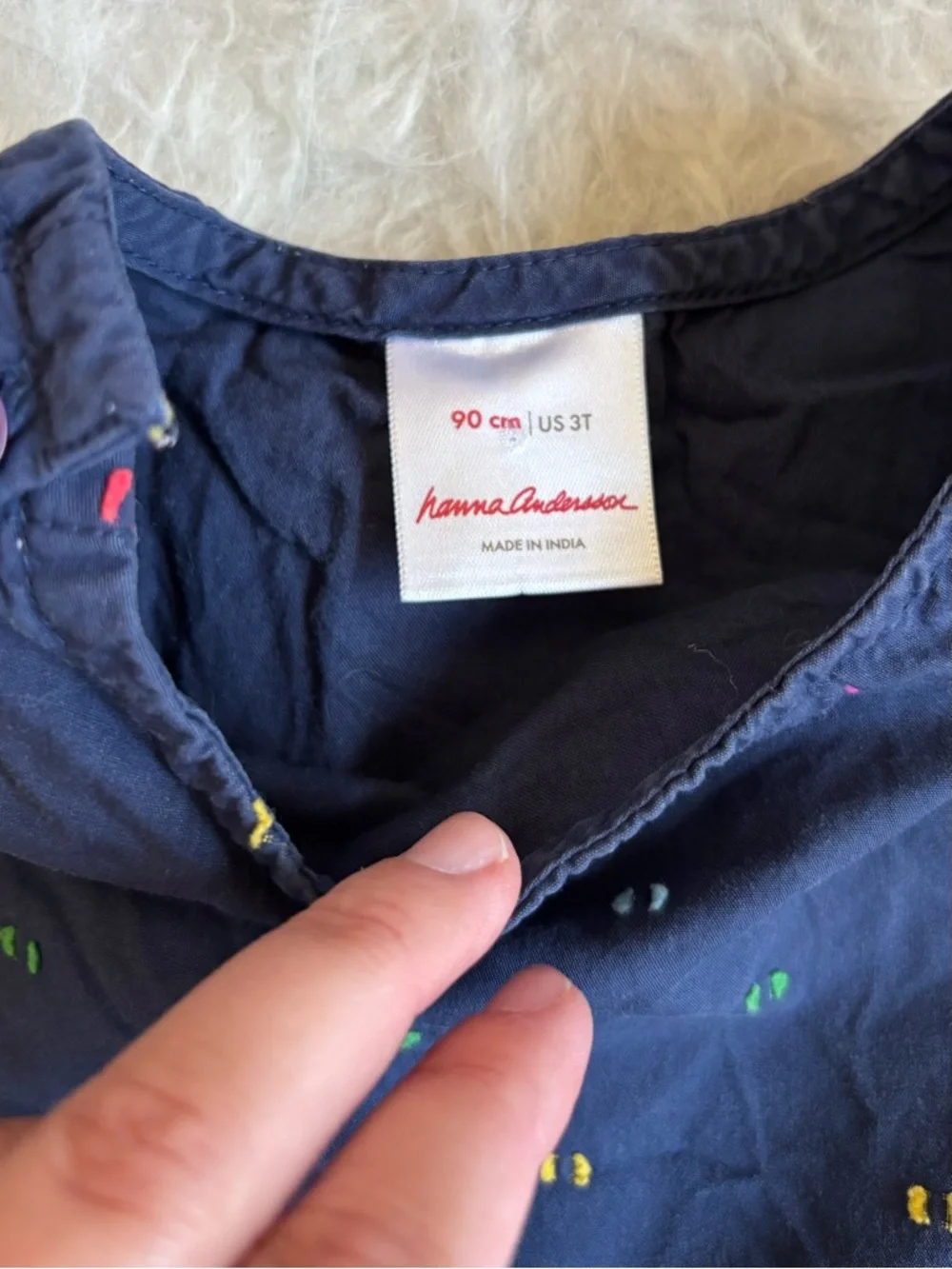 Hanna Andersson Girls Navy Dress with Colorful Rainbow Dot Embroidery